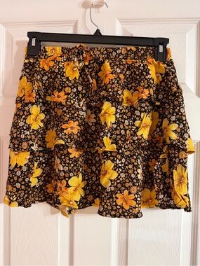 Blue Rain Black Yellow Floral Layered Ruffle Mini Skirt Pull On Size Medium